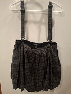 Hot Topic Black & Gray Plaid Suspender Mini Skirt